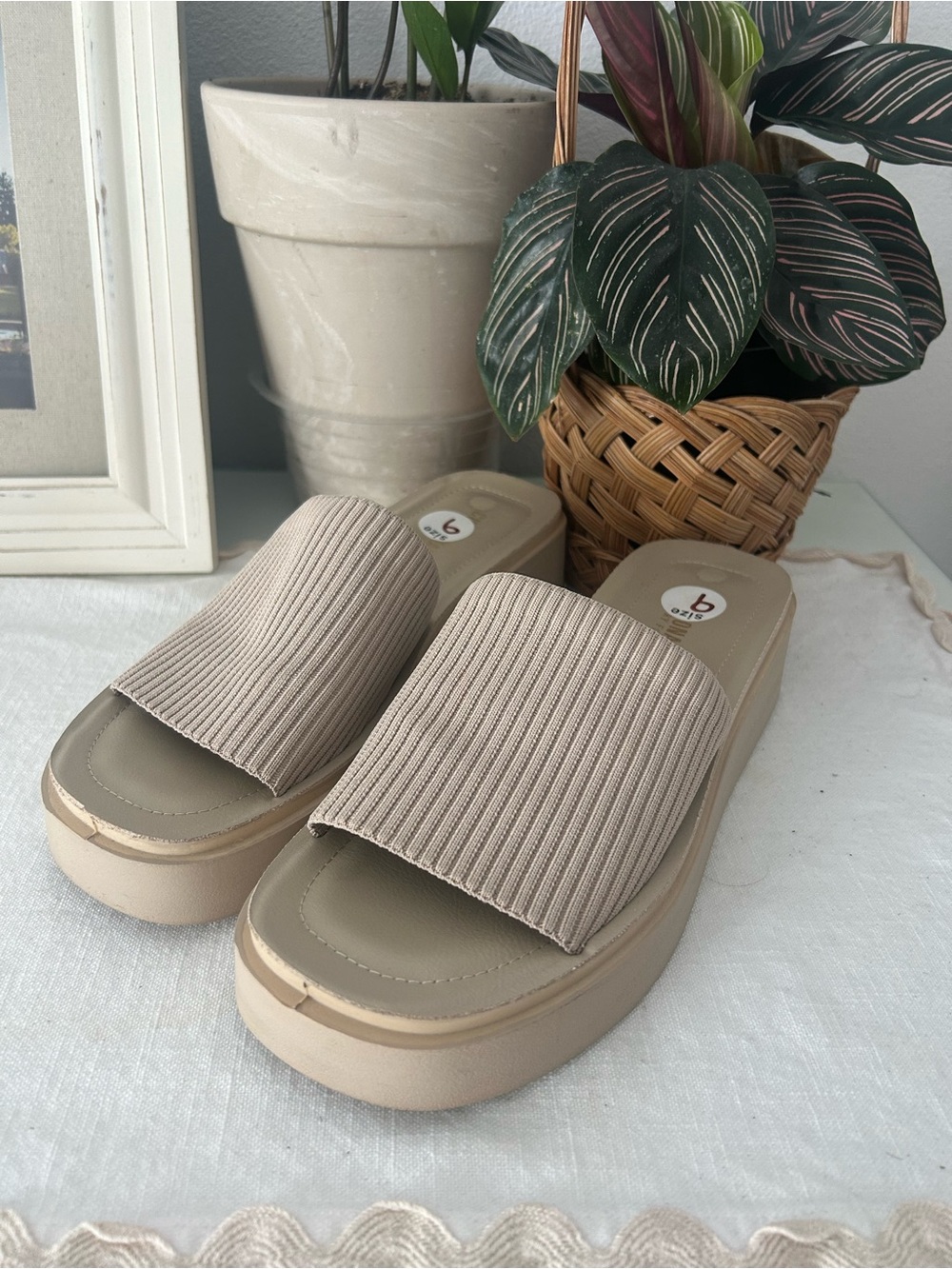 Cushionaire Ribbed Slide Platform Sandals in Beige - Women
